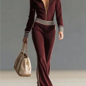 Women's Burgundy Jumpsuit with Striped Accents